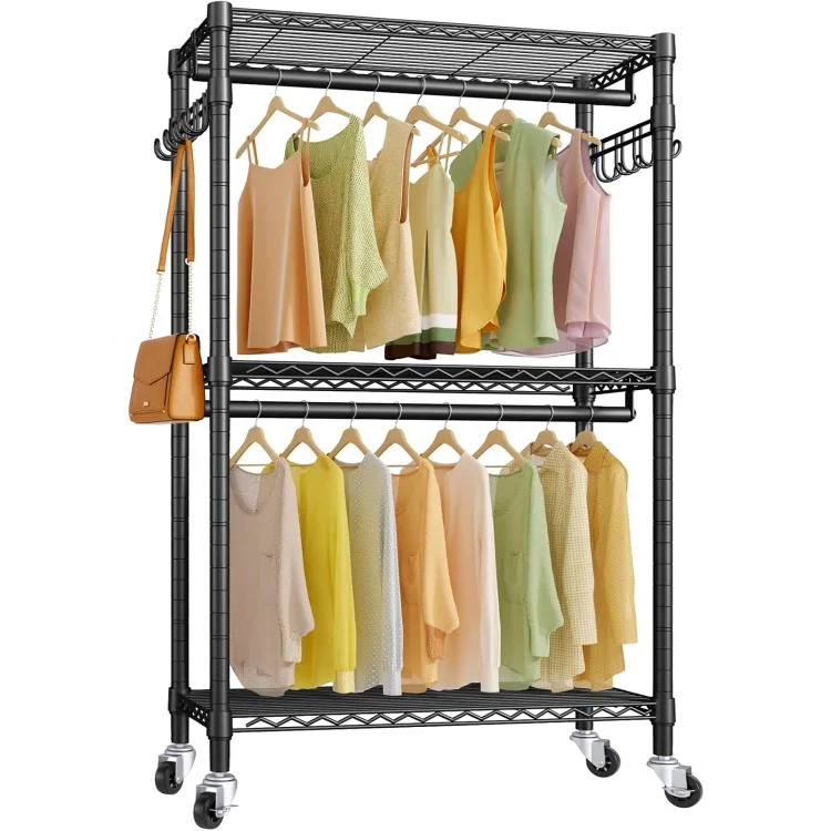 

V12 Medium Heavy Duty Rolling Garment Rack 3 Tiers Adjustable Clothes Rack with Double Rods & Hooks, Freestanding Wardrobe