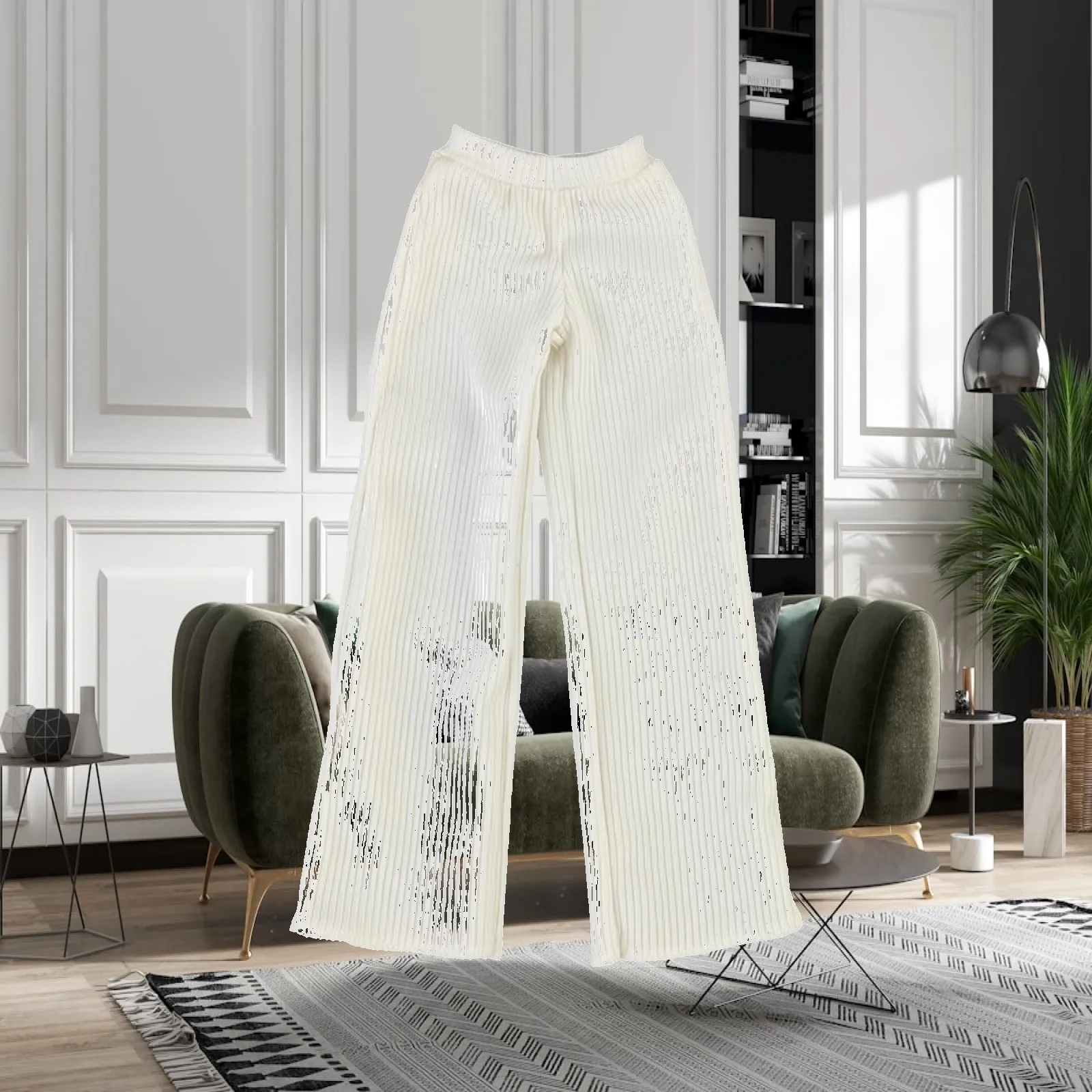 12 Inch Fashion Doll Casual Pants Ribbed Knit Wide Leg Trousers with Stretchy Elastic Waistband for