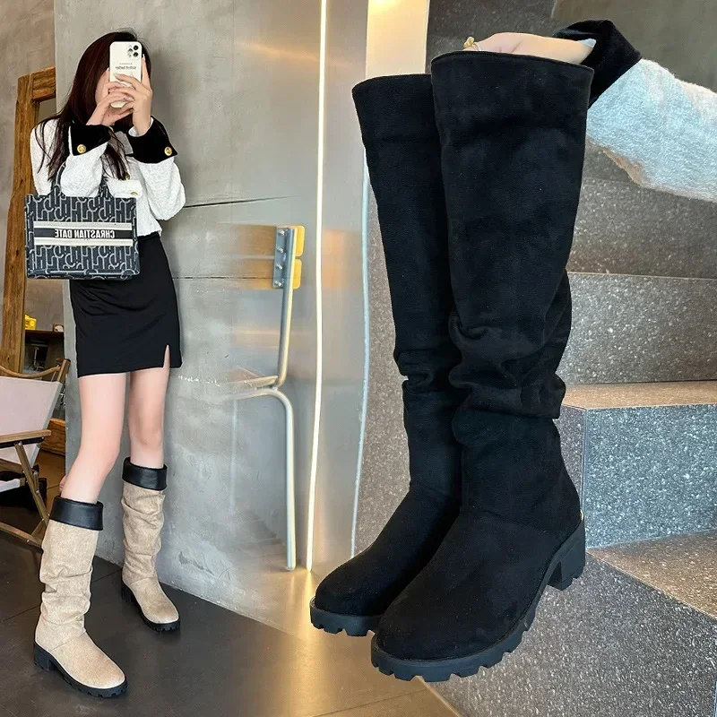 Women's Boots  New Round Toe 43 Size Fashion Long Tube Boots Raised Suede Trendy Anti Slip Leather Boots Botas Mujer 2024