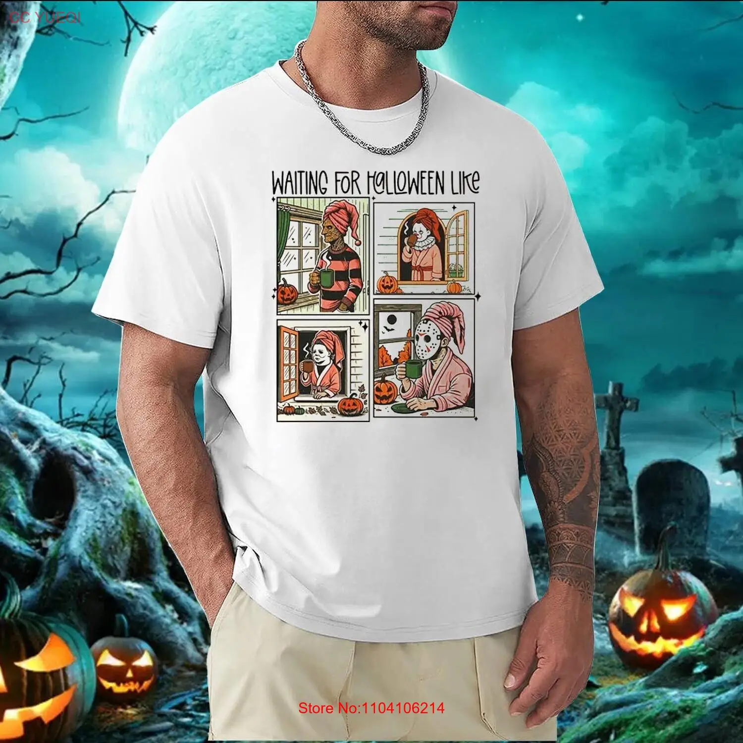 Waiting for Halloween Oversized White Shirt - Horror Characters T-Shirt S-5XL