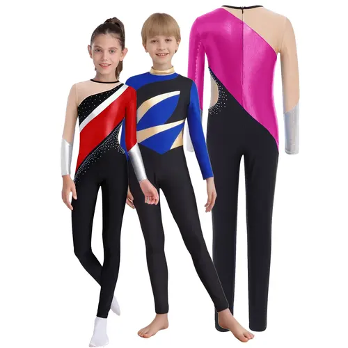 Imagen 2 del producto Leotardo metálico de retales para niños, patinaje artístico, mono de baile de Ballet, Jersey de manga larga para niñas y niños, mono de gimnasia rítmica