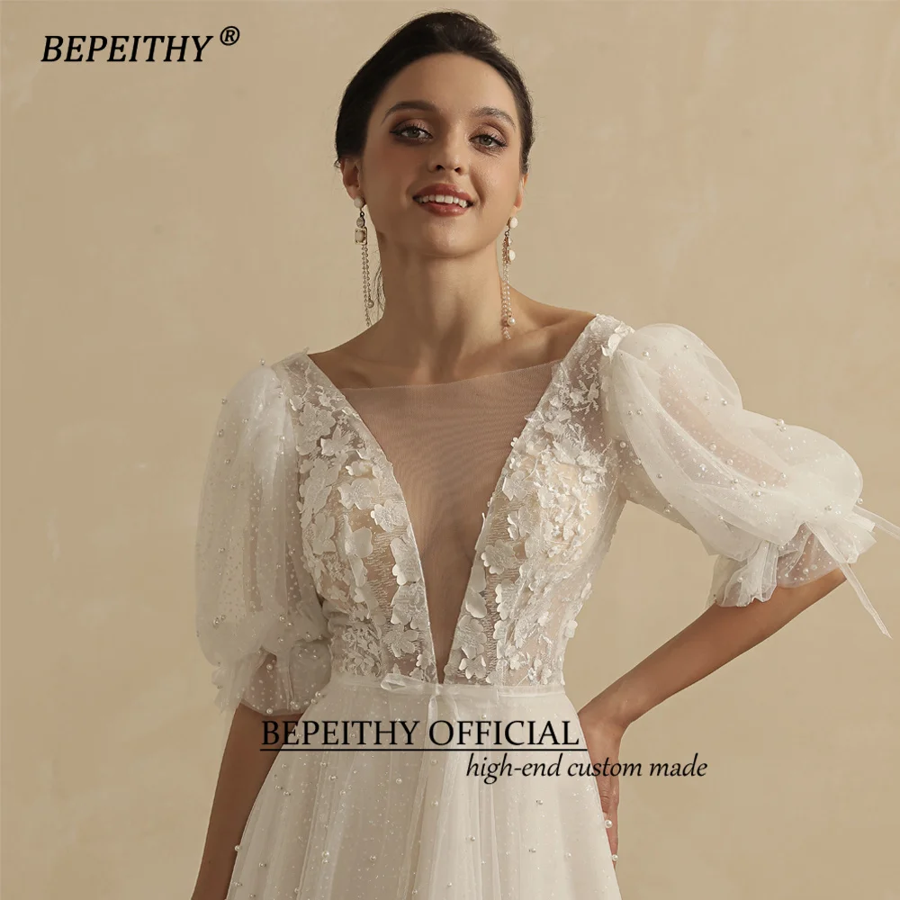 BEPEITHY Customized Real Image Wedding Dresses For Women 2023 Bride Pearls Half Sleeves Beach Boho Bridal Party Gown Open Back