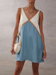 Women Mini Dress Fashion Sleeveless Open Back V Neck Patchwork Contrasting Tank Dress Summer Loose Basic Dress Casual Streetwear