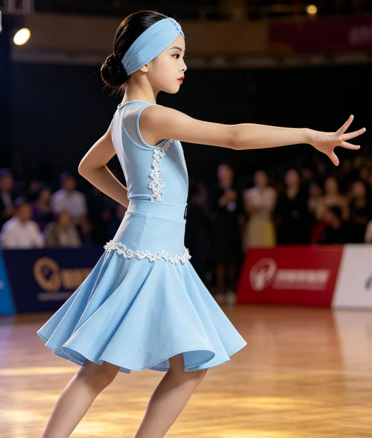 Traje de Baile Latino Moderno sin Mangas Azul para Niñas con Diadema, Elástico y Suave para Entrenamiento, Recital y Actuaciones Formales
