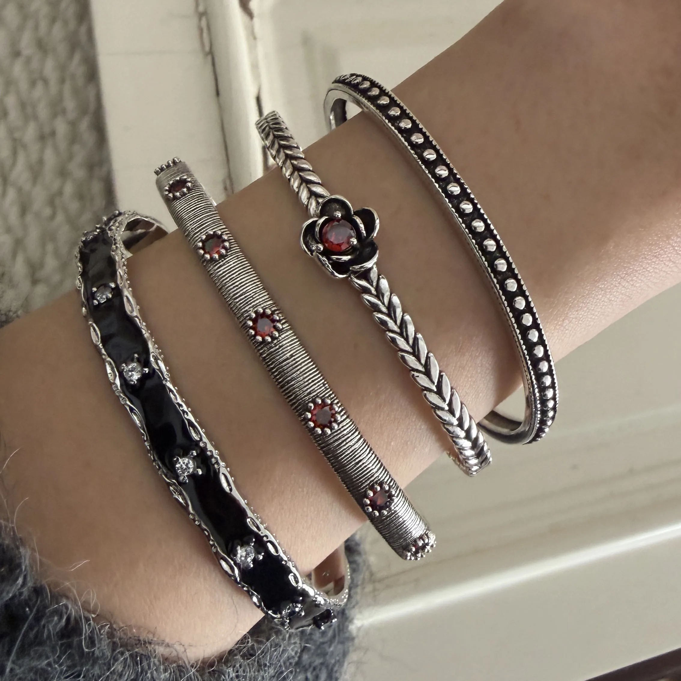 925 Sterling Silver Bracelets for Women Men String Accessories Trend Cute Red Zircon FLower Pendant Party Jewelry Gift