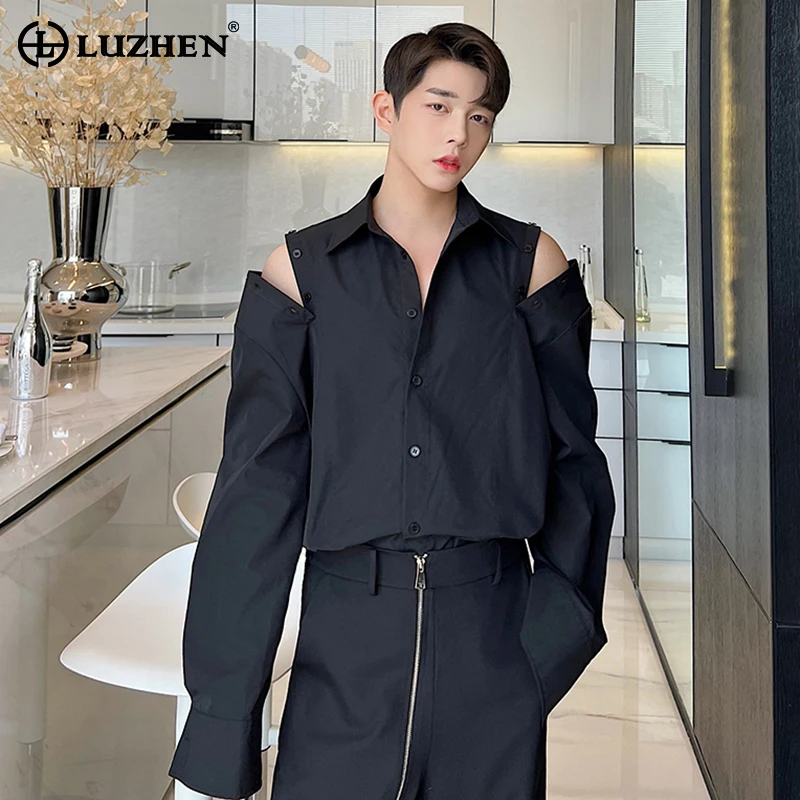 

LUZHEN Spring Two Wear Off Shoulder Design Long Sleeve Shirts Original Personality Trendy Elegant Solid Color Men's Tops LZ2140