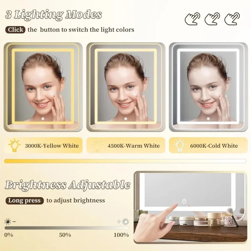 Meja Rias Besar dengan Cermin, Lampu LED, Lemari RGB, Set Meja Rias dengan 5 Laci dan 6 Rak Penyimpanan Meja Rias