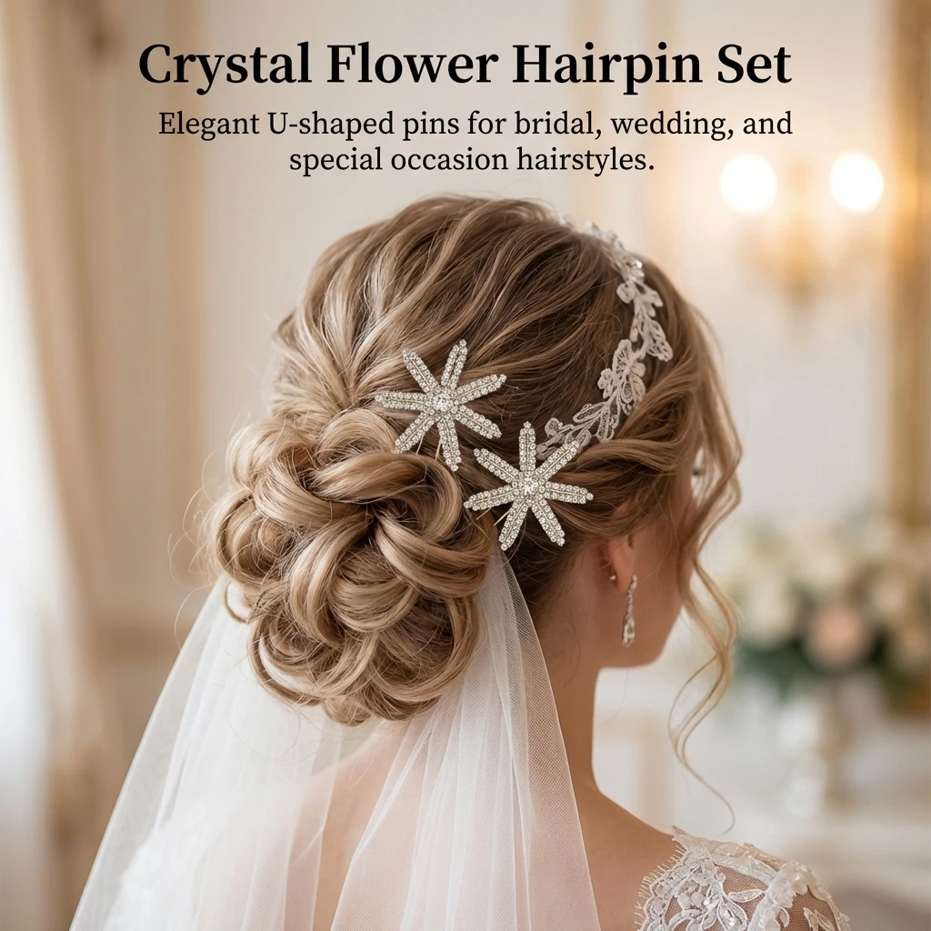 2pcs Metal Flower Hair Pins U-Shaped with Rhinestone Inlay for Wedding Party Daily Styling Elegant Golden Floral Design
