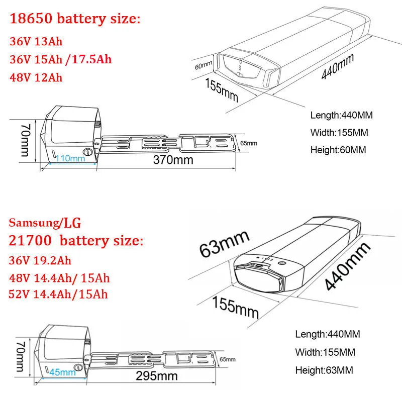 Gepäckträger-Ebike-Batterie 36 V 13 Ah 15 Ah 20 Ah 48 V EU-Lager Li-on 18650 21700-Pack für Elektrofahrrad-Motorkits 350 W 500 W 750 W 1000 W – Detail 2