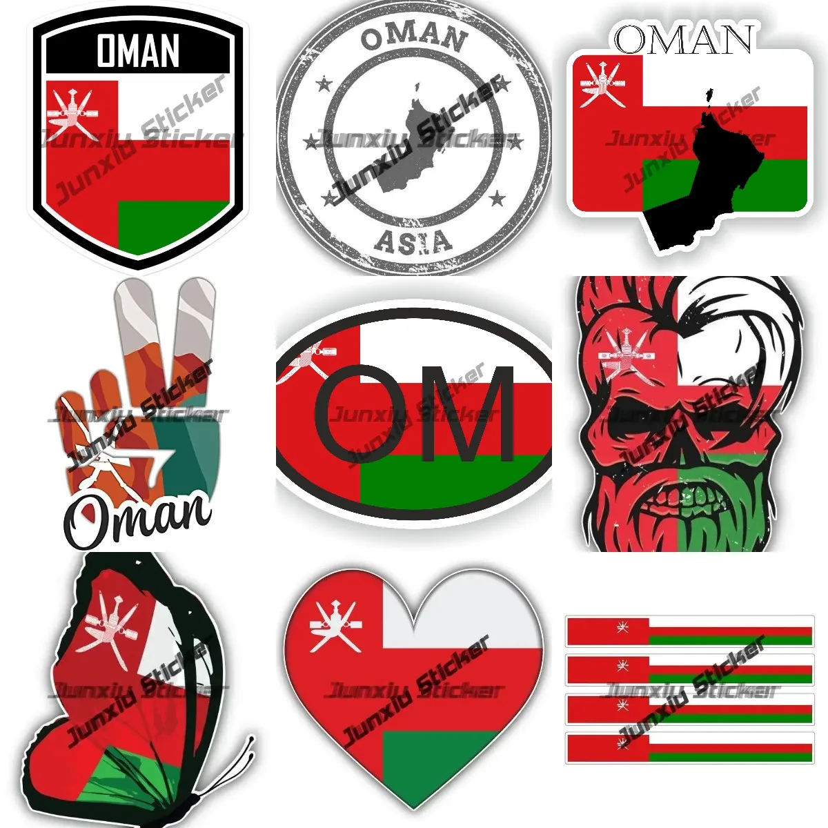 Oman Stripe Flag Stickers Asia Oman Emblem Map Country Code OM Oval Sticker with Flag Decal Express Your Omani Pride with Style