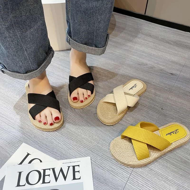 Solid Cloth Slippers for Women Shoes Peep Toe Ladies Casual Slides Female Cross Tie Beach Slippers Flat Shoes Woman