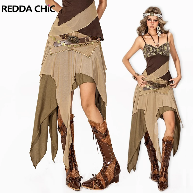 

REDDACHiC Alt Long Ruffle Flowy Jean Skirt Retro Patchwork Chiffon Rivets Asymmetrical Denim Skirt Punk Women Punk Retro Clothes