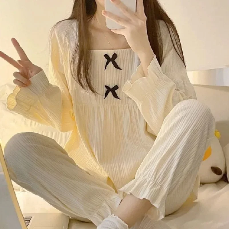 spring-and-autumn-women's-new-princess-style-bow-tie-pajamas-homewear-two-piece-set-of-girls-students-casual-pajamas-homewear