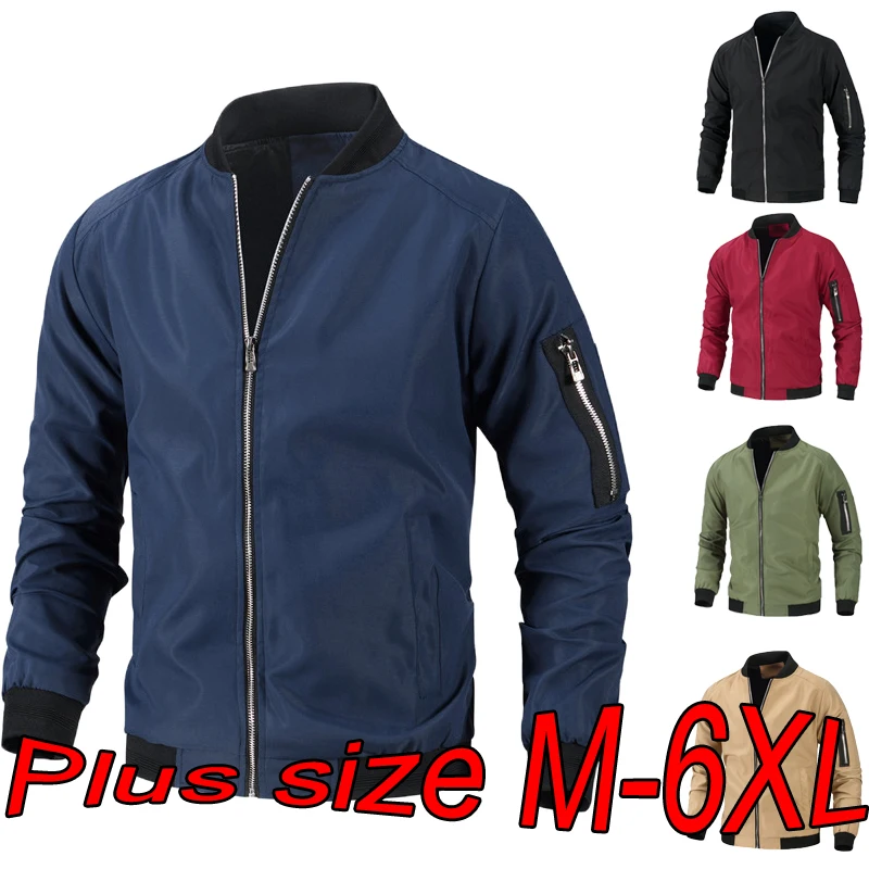 Men's Baseball Jackets Large Size M-6XL Autumn Casual Zipper Fashion Oversize Stand-up Collar Solid Color Pilot Sports Coat