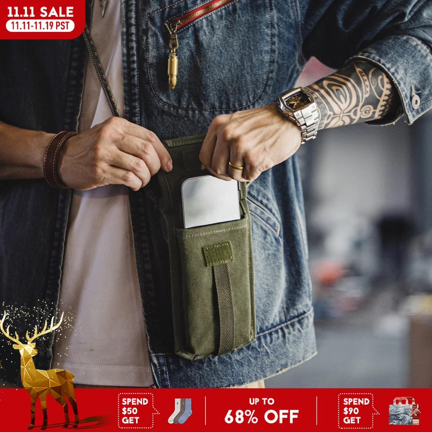 

Maden Vintage M-16 Military Green Mini Crossbody Bag with Detachable Phone Case and Coin Purse Unisex Daily Casual Bag