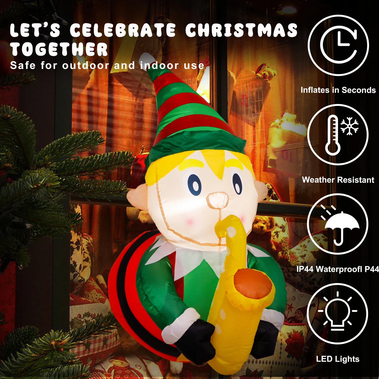 3.5Ft Christmas Saxophone Playing Elf Inflatable, Breaks Out of Window Built-in LED Lights Christmas Decorations for Yard Decor