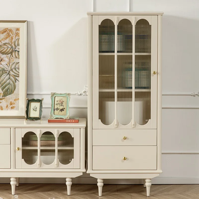 

French Cream Wind Single Door Wine All Solid Wood Small Bookcase American TV Cabinet Side Cabinet Glass Cabinet Standing