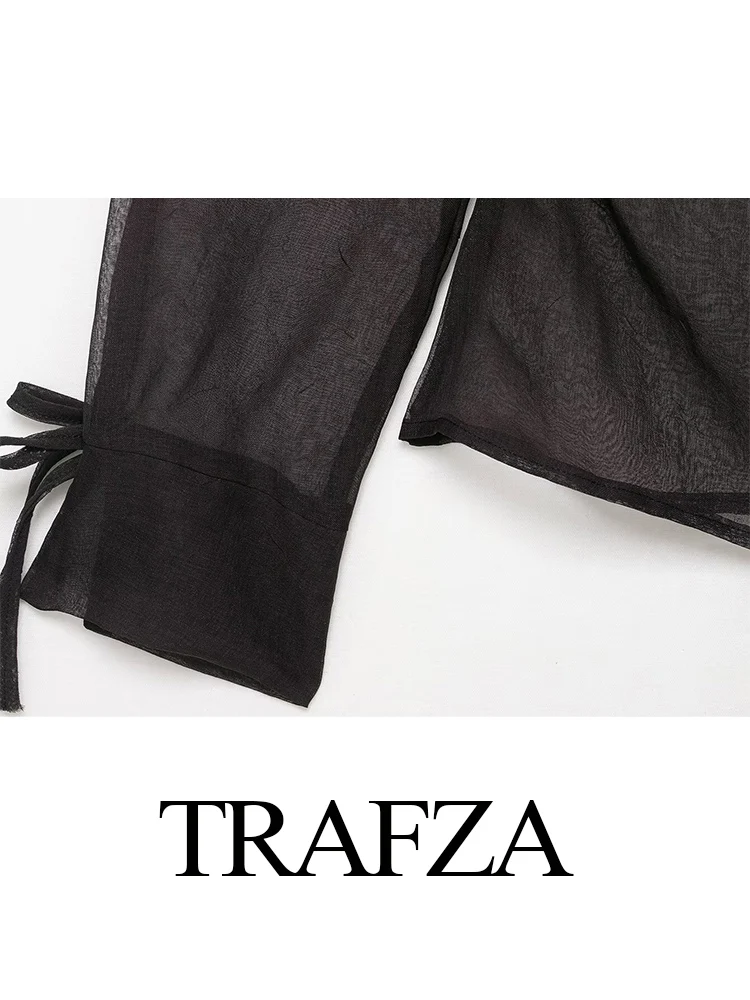 

TRAFZA Women Autumn New Fashion Bow Decorative Translucent Shirt Female Temperament Sexy Single Breasted Slim Long Sleeve Shirt