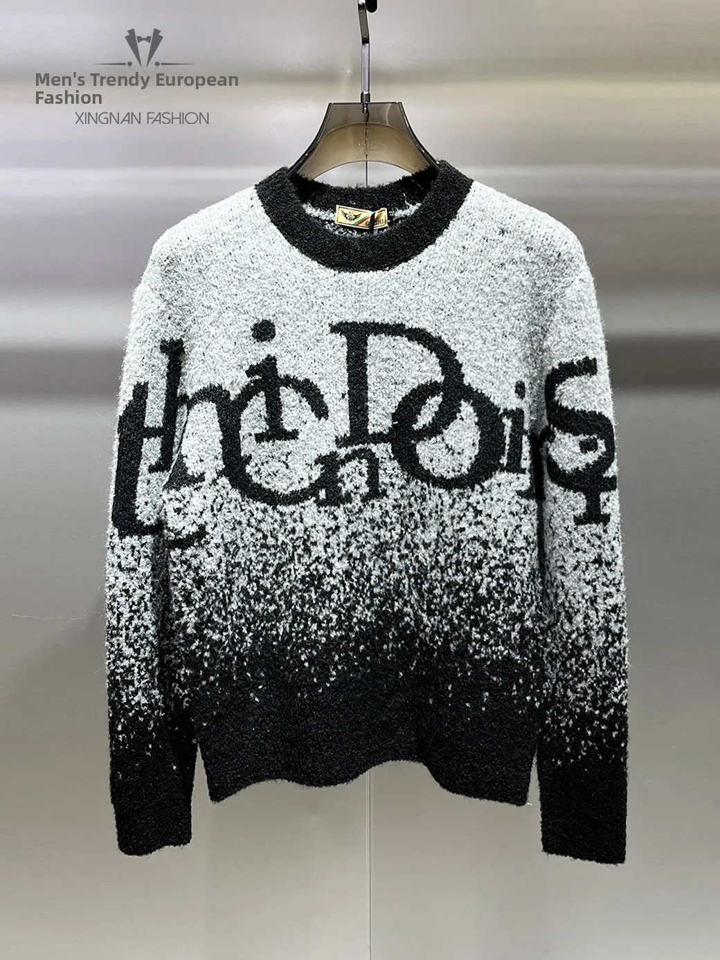 

Мужской утепленный вязаный шерстяной свитер с градиентным цветом, зимний теплый пуловер в стиле ретро с круглым вырезом, модный дизайн с вышивкой букв