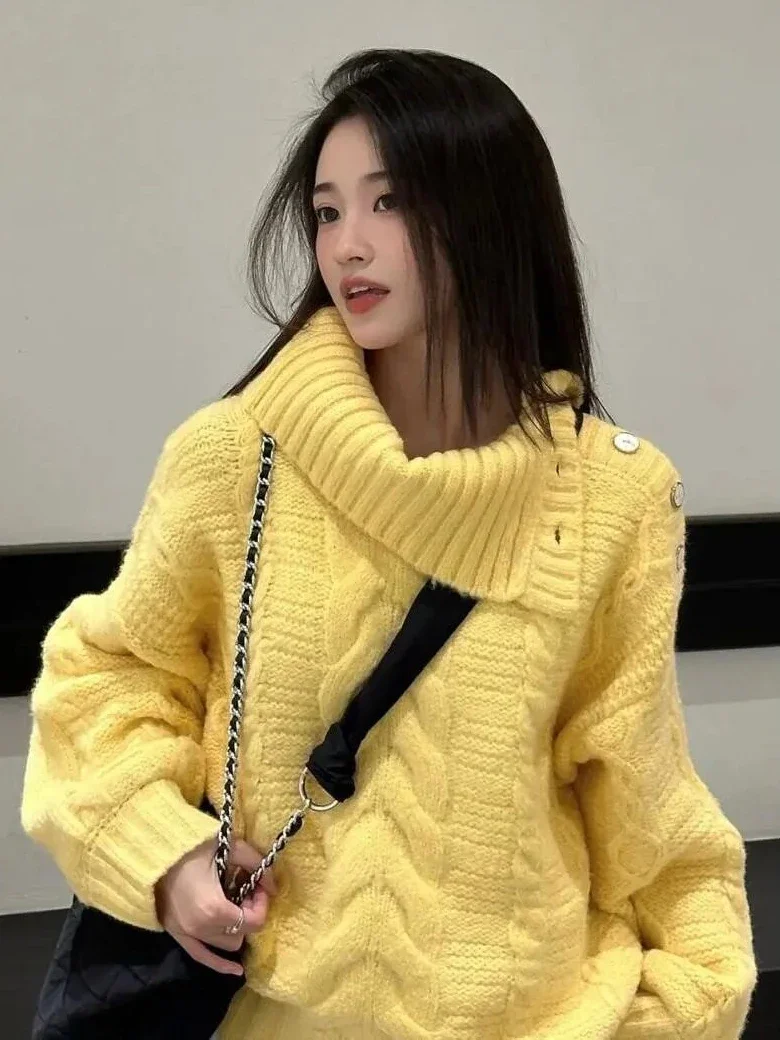 Deeptown Korean Fashion Turtleneck Yellow Sweater Women Y2k Vintage Twisted Knitted Oversized Pullover Sweet Long Sleeve Tops