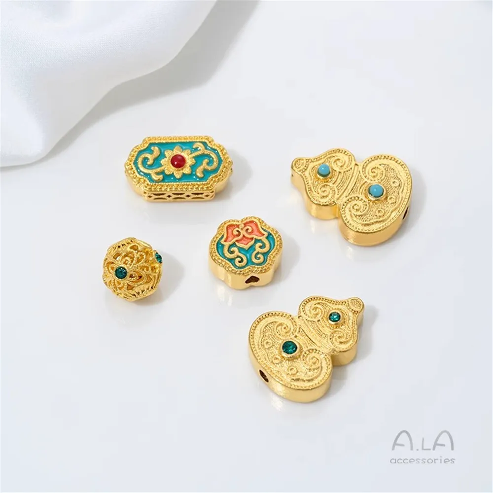 

Z446 Diy Jewelry Accessories Vietnamese Gold Enamel Perforated Flower Balls Diamond-encrusted Turquoise Gourd Through Holes