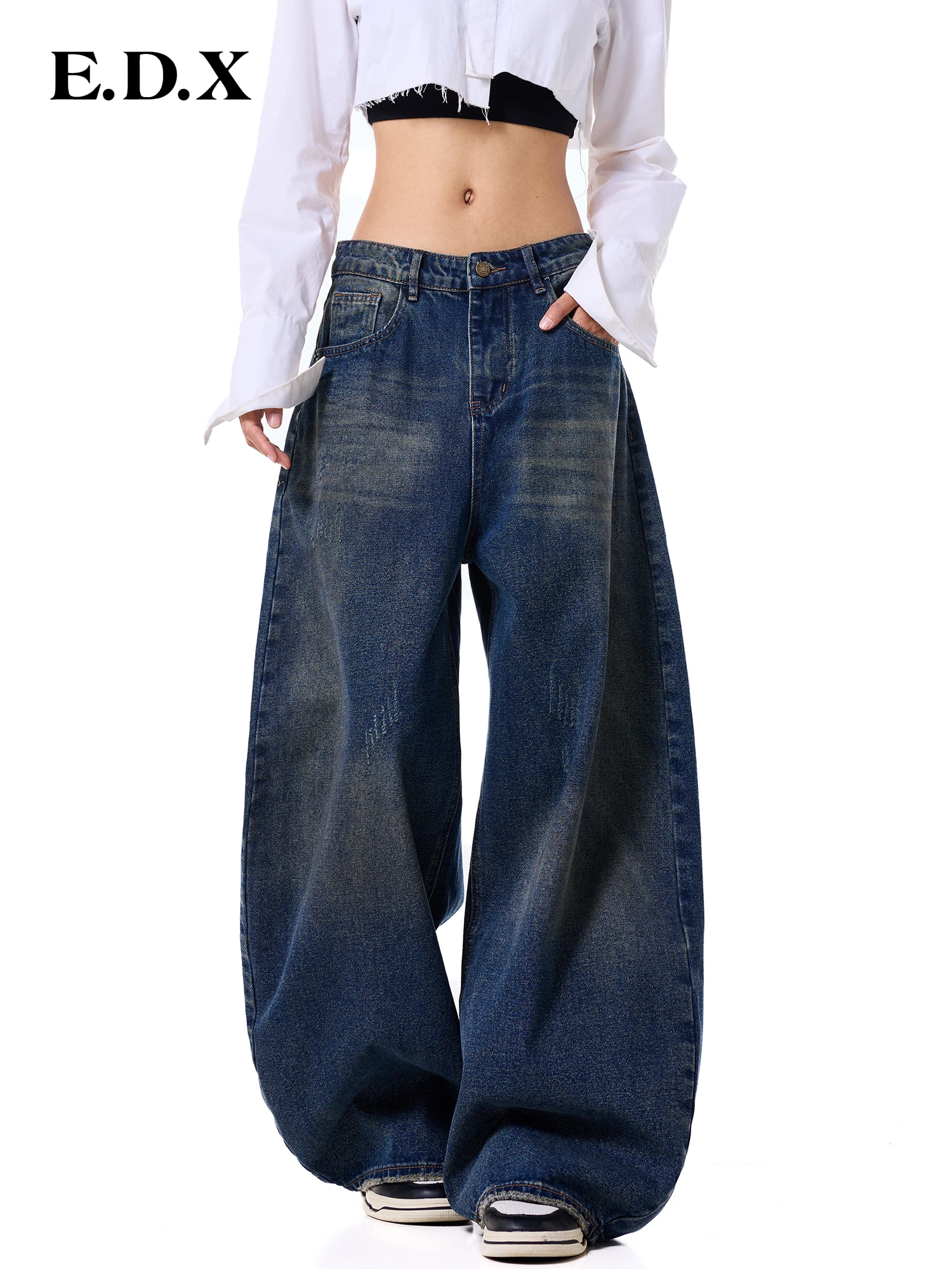 Deep Blue Wide Leg Denim Jeans Women's Loose Fit Vintage Washed Autumn Winter High Waist Straight Cut Cotton Blend Pants