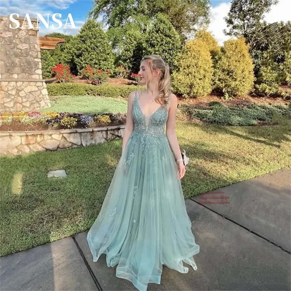 

Sansa Princess Lace Embroid فساتين سهره فاخره 2023 Sexy Deep V-neck فساتين للحفلات الراقصة Matcha Green A-line Prom Dress