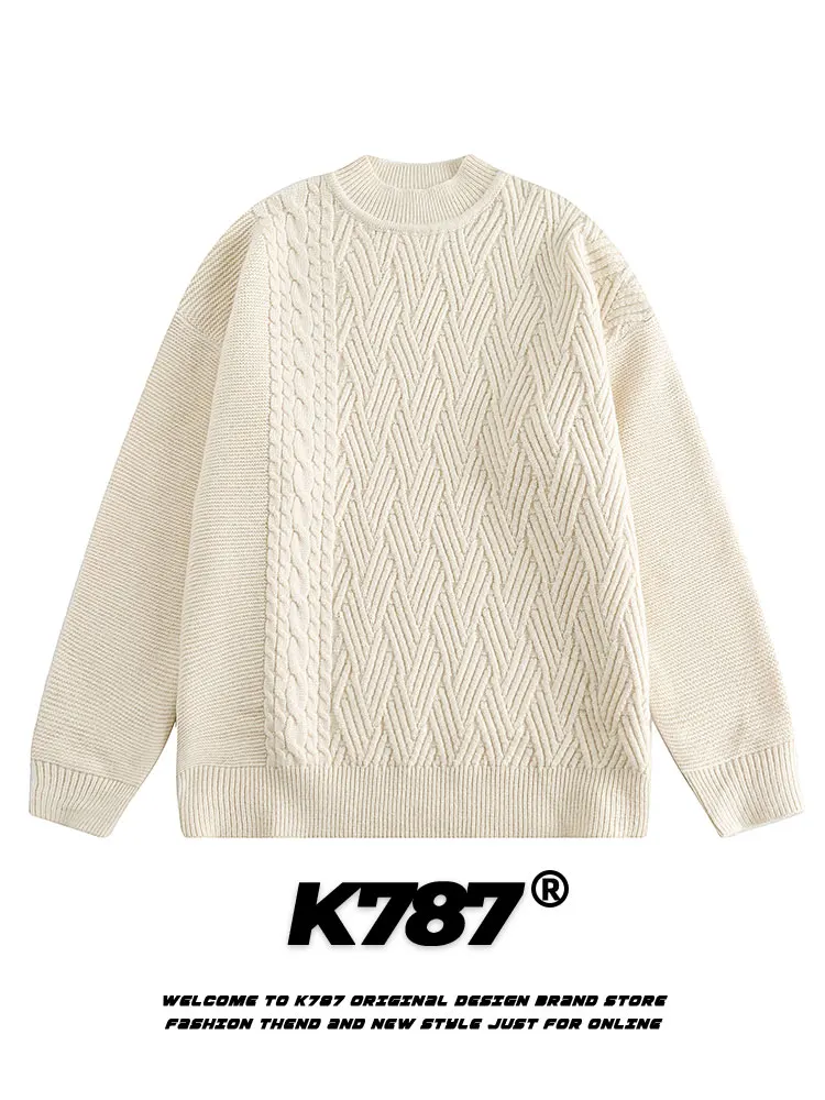 

K787 American Retro Knitted Sweater College Sle ex Vintage Pure Color Couple Sweater Loose Fit Printed round Ne Winter