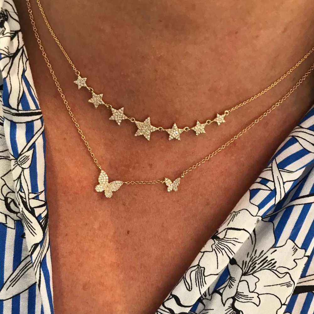 2025 Summer Fashion New Gold Color Micro Pave Clear Cubic Zirconia CZ Cute Lovely 2PC Butterfly Charm Women Trendy Necklace