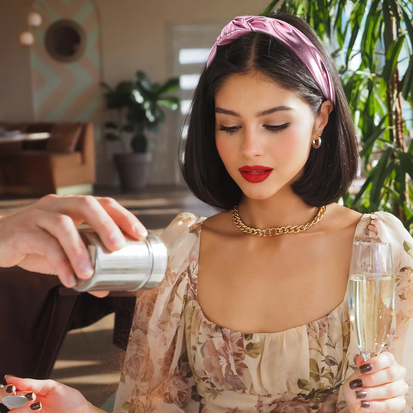 الوردي معقود عقال المرأة بريق وردي فاتح نسيج البولي يوريثان رباط شعر لعيد الحب ديسكو الترتر الشعر التبعي #3