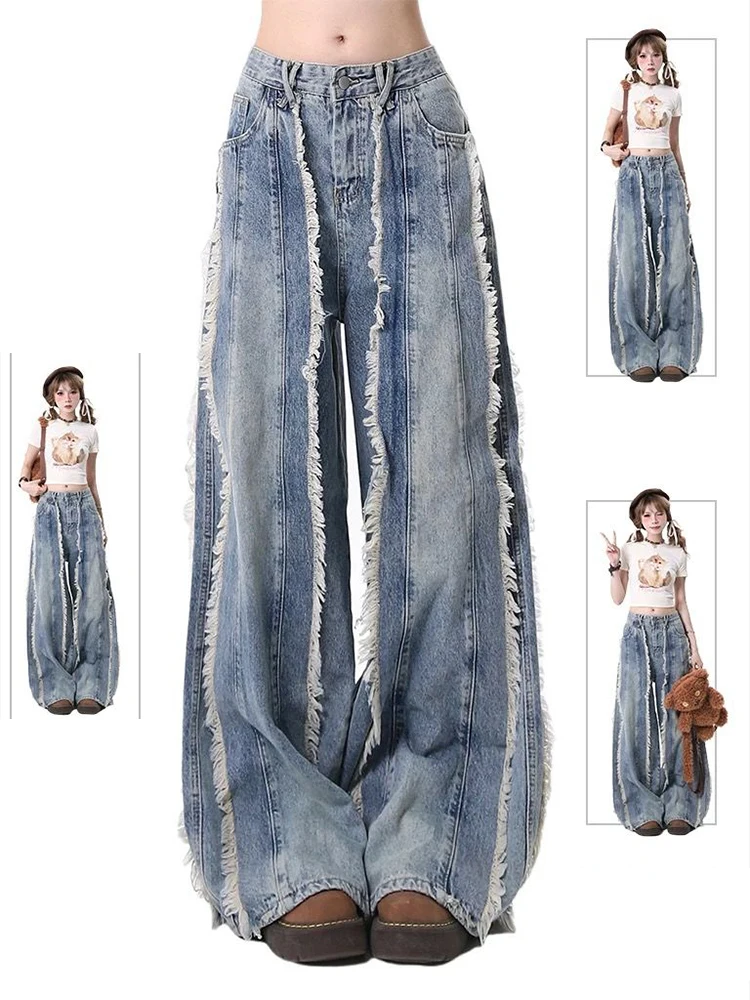Celana Jeans Wanita High Waist Wide Leg Longgar Kasual Biru Muda Model Sobek Desain Pinggang Tinggi Rumbai Musim Gugur 2025 Terbaru