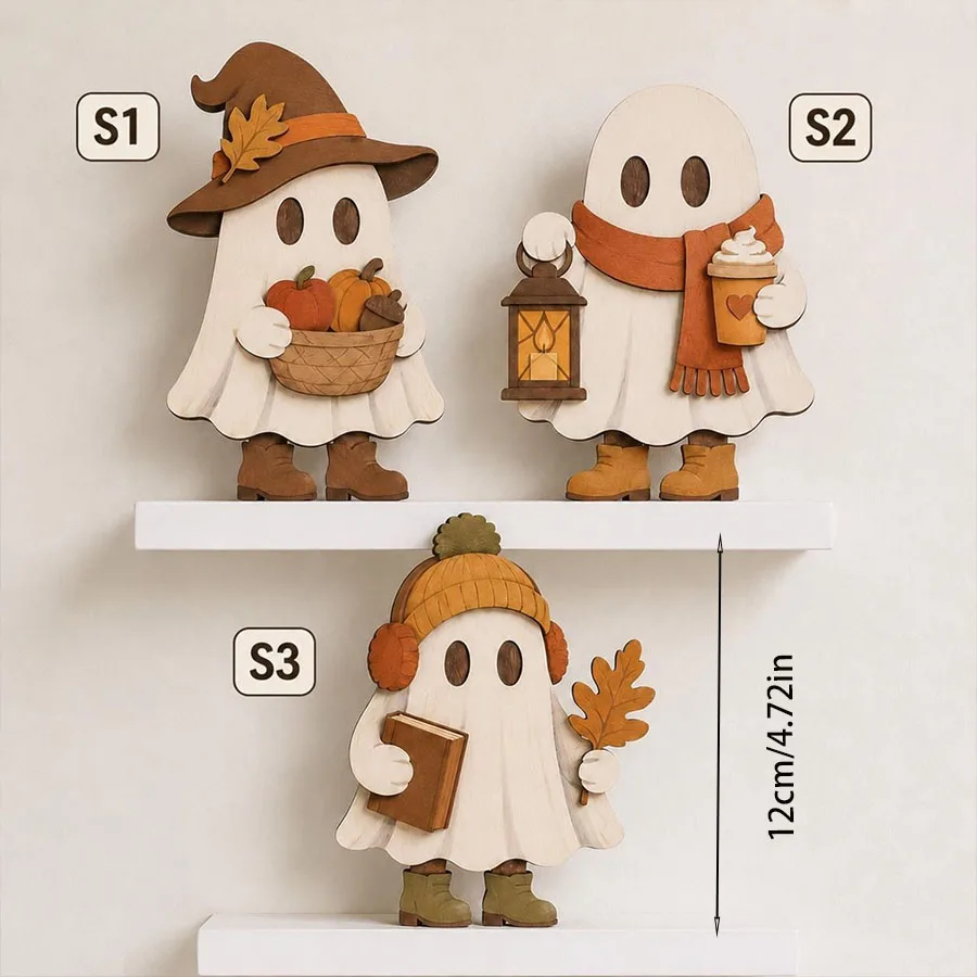 Dekorative Herbst-Ornamente aus Holz, bestehend aus drei Teilen, niedliche Herbst-Regaldekorationen, geeignet für Halloween, Weihnachten, Thanksgiving, als Tischdekoration, für den Schreibtisch im Büro, das Wohnzimmer – Detail 4
