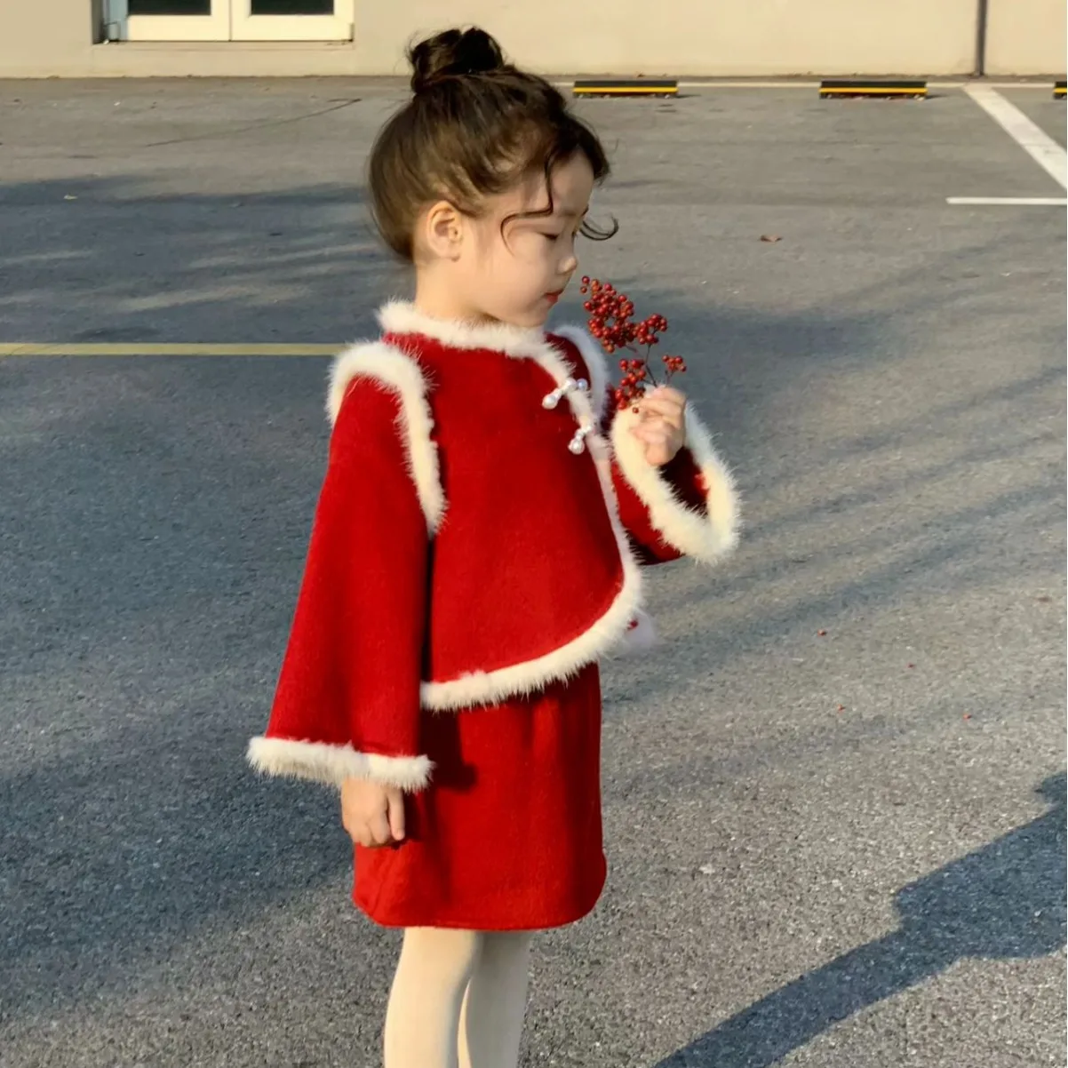 New Year Chinese Style Girls Red Plate Buckle Hairy Edge Coat Vest Dress Two Piece Set 2025 New Year Children Clothing