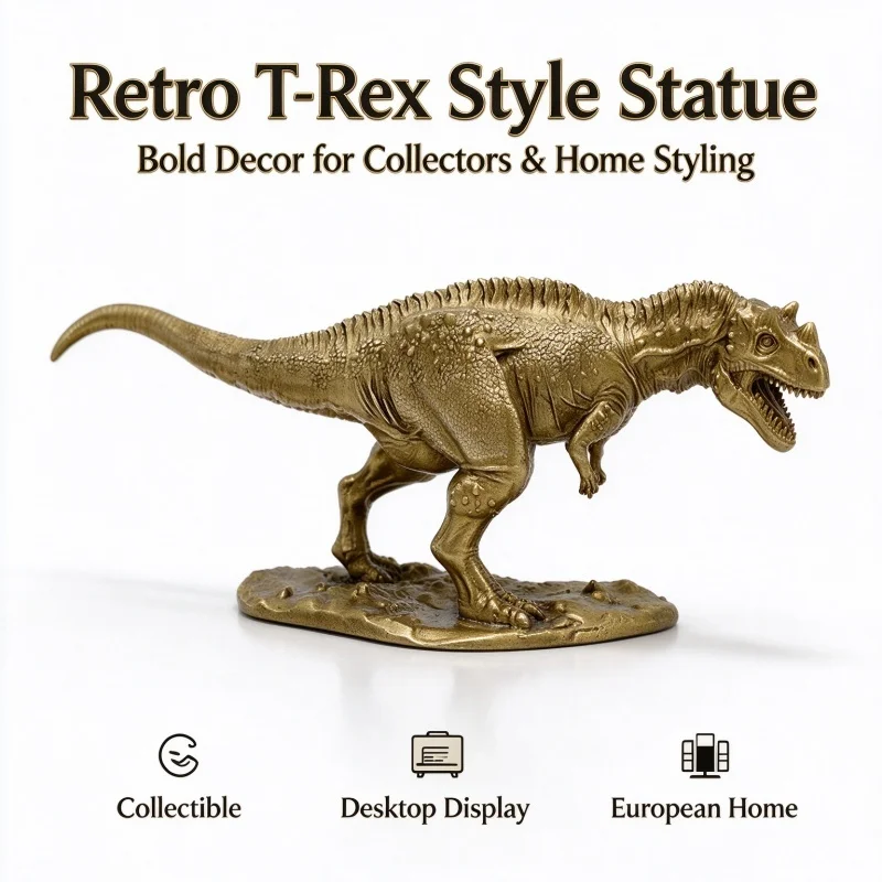 Brass Dinosaur Statue Realistic Jurassic Figurine Desktop Ornament Home Office Decoration Collectible Gift for Dinosaur Lovers