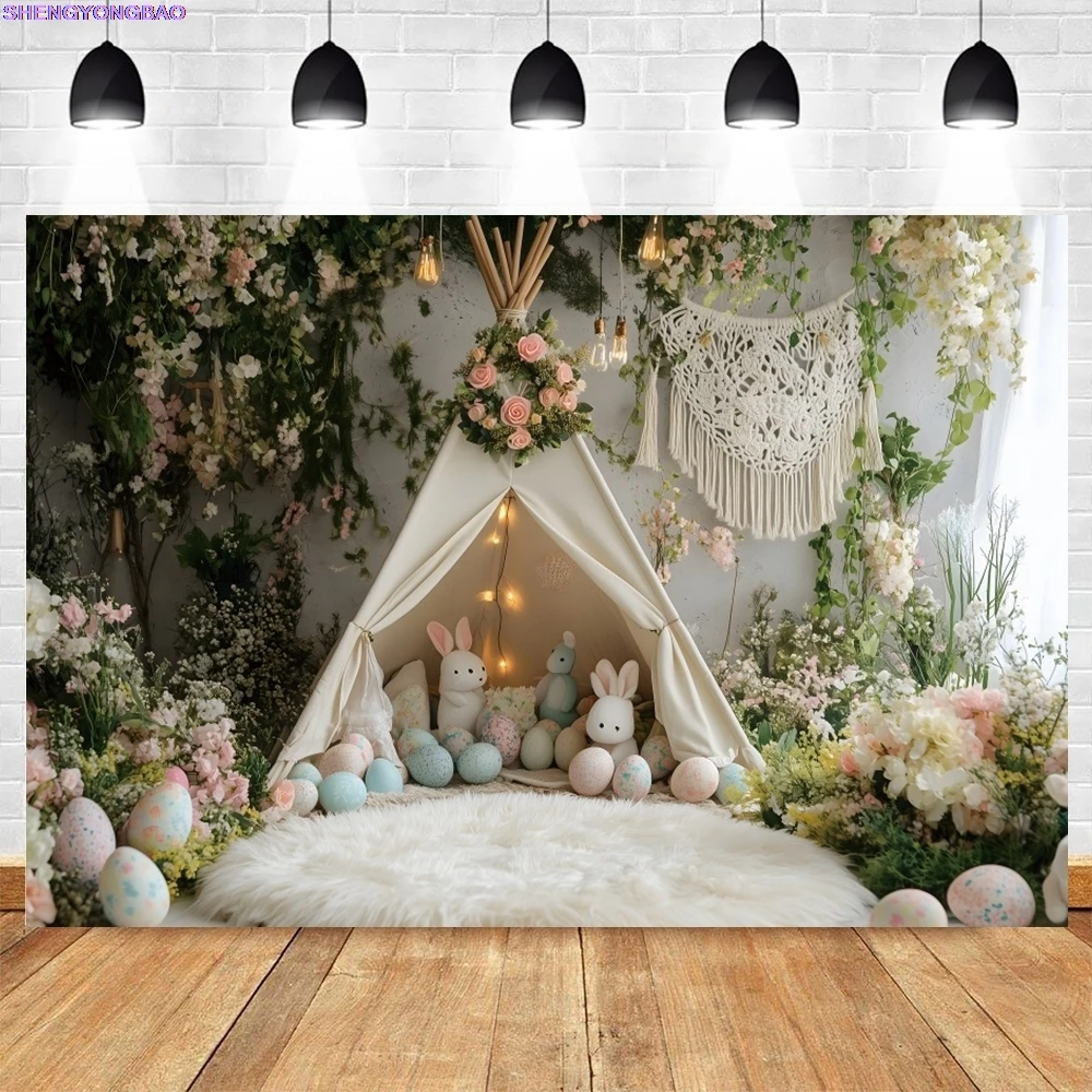 ربيع عيد الفصح التصوير خلفية بوهو زهرة خيمة الأرنب الملونة البيض أرنب الاطفال حفلة عيد ميلاد ديكور خلفية استوديو الصور