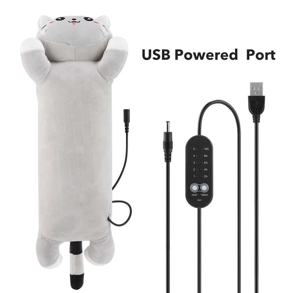 Heating Pad Cute Cat USB Heated Plush Pillow 5 Heat Settings Soft Stuffed Animal Warm Cushion for Belly Neck Back Office Desk