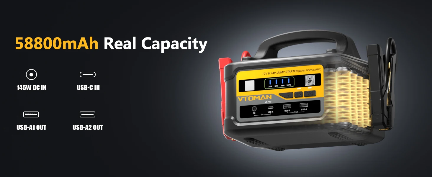 VTOMAN VT-PRO 10000A Auto-Starthilfegerät 58800mAh Tragbares Starthilfegerät Power Pack für Alle Benzin- und Diesel-Fahrzeuge, 12V/24V Starthilfegerät – Detail 6