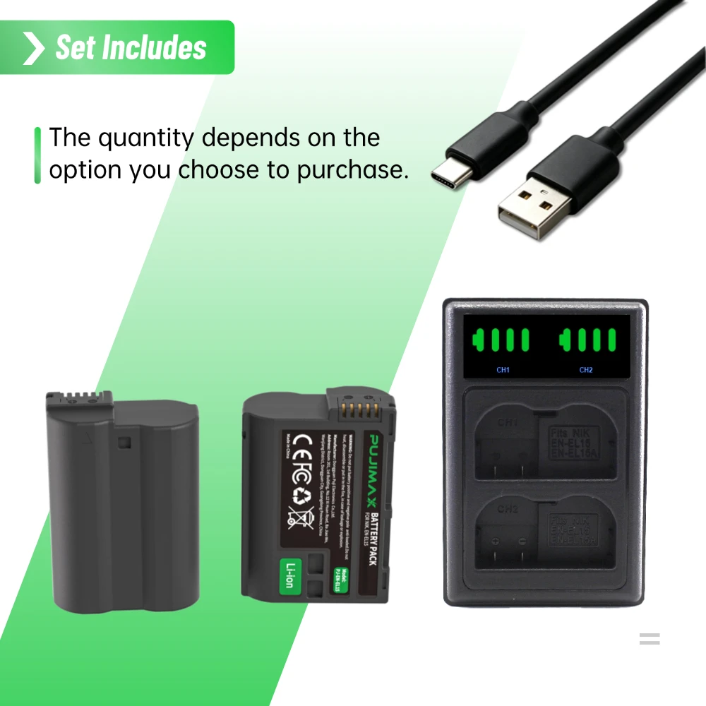 PUJIMAX EN-EL15 1900mAh Battery For Nikon Z5 Z6 Z6II Z7 Z7 V1 D500 D600 D610 D750 D780 D800 D810A D850 D7000 D7200 D7500 Camera