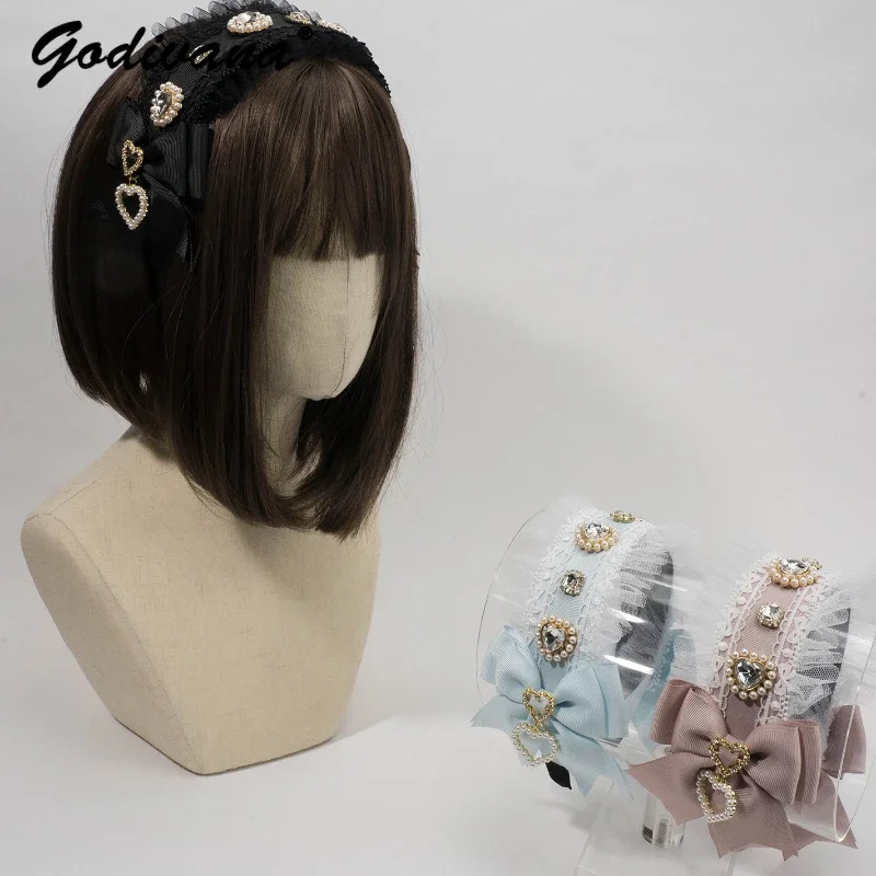 Japanese Mass-Produced Sweet Cute Girls Lolita Headband Clips Love Gem Bow Headband Hair Accessories for Women Hair Bow