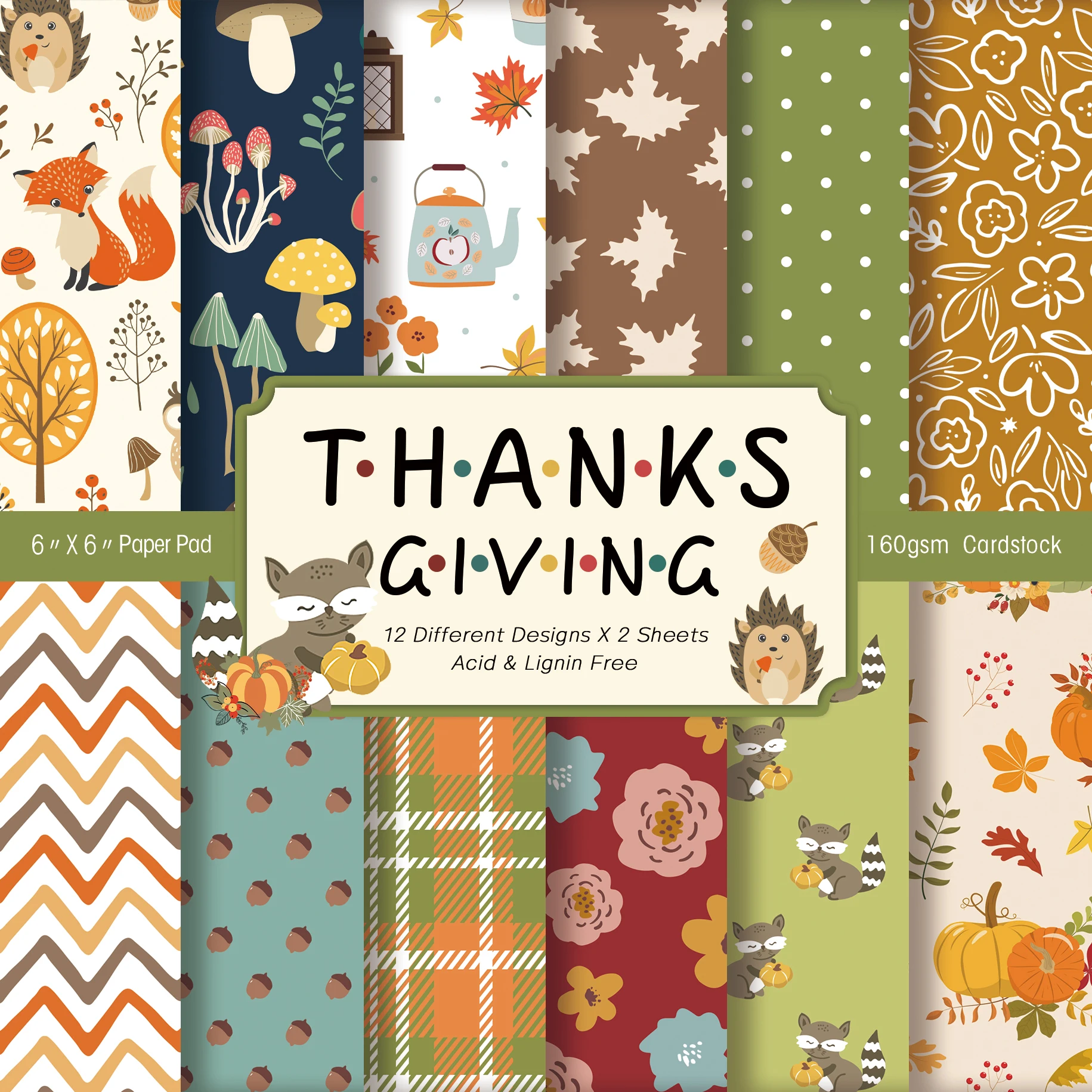 24sheets Autumn & Thanksgiving Themed Scrapbooking Paper Set Cute DIY Photo Album Decorative Papers for Journaling,Gift Packing