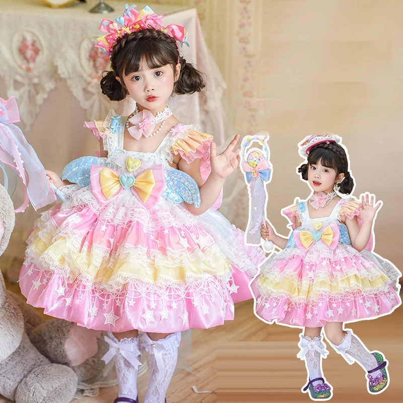 

Rainbow Girls Lolita Princess Dress Vintage Lace Summer Ruffled Tutu Skirt Embroidery Bow Puff Sleeve Party Dress Holiday Gift