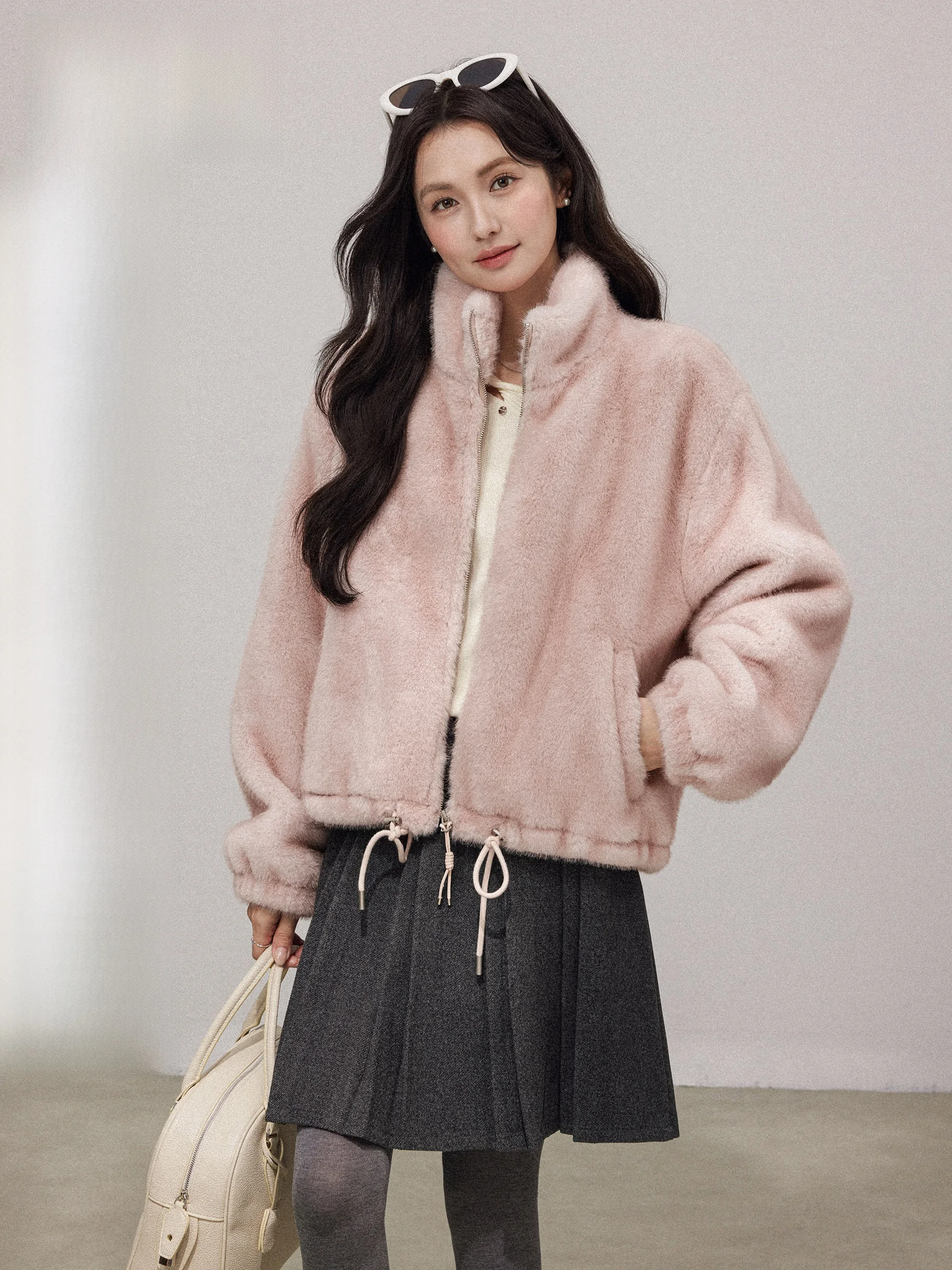 

Розовая куртка с воротником-стойкой, женская, модная, в корейском стиле, новинка 2025 года, осень-зима, уникальный дизайн, с меховой отделкой, повседневный стиль, длинный рукав