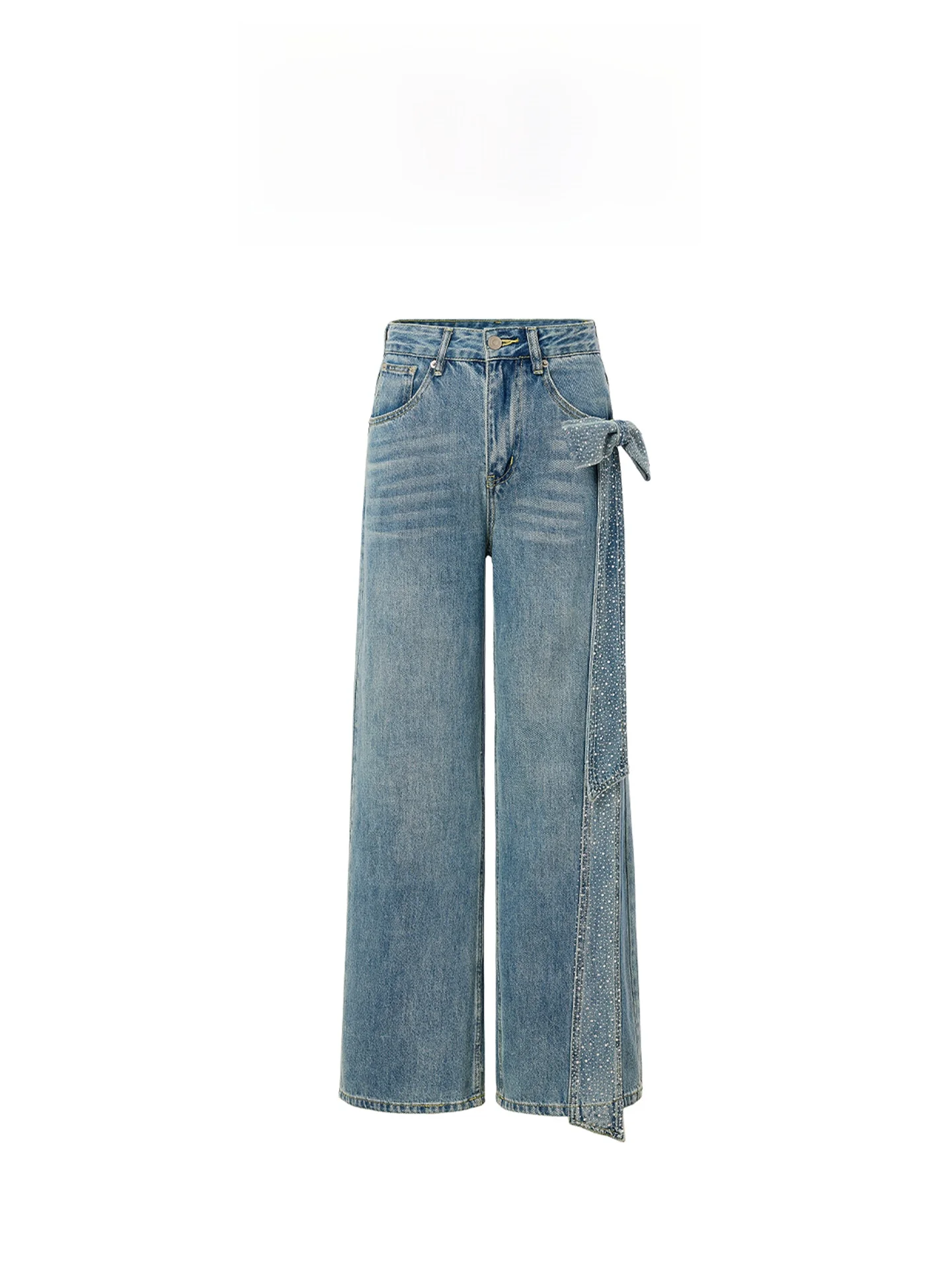 

Джинсы AZZHEN Sweet Heart с высокой талией, широкими штанинами, синие, прямые, с эффектом потертости, женские, повседневные, на молнии, из хлопка