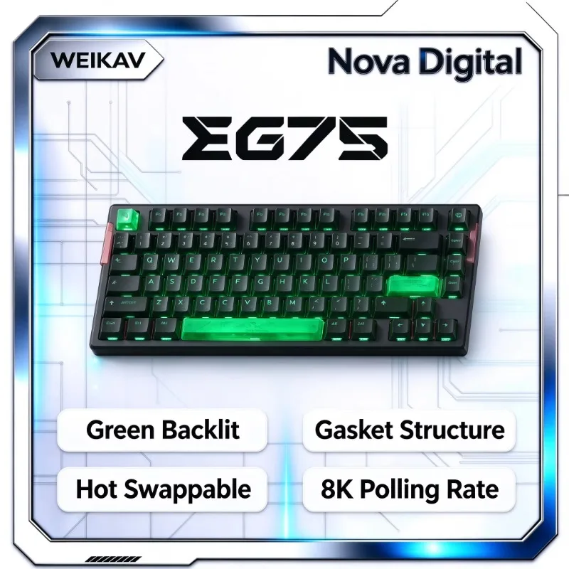 WEIKAV EG75 Mechanical Gaming Keyboard Green Backlit Hot Swappable Knob Gasket Structure 8K Polling Rate for PC Laptop Mac
