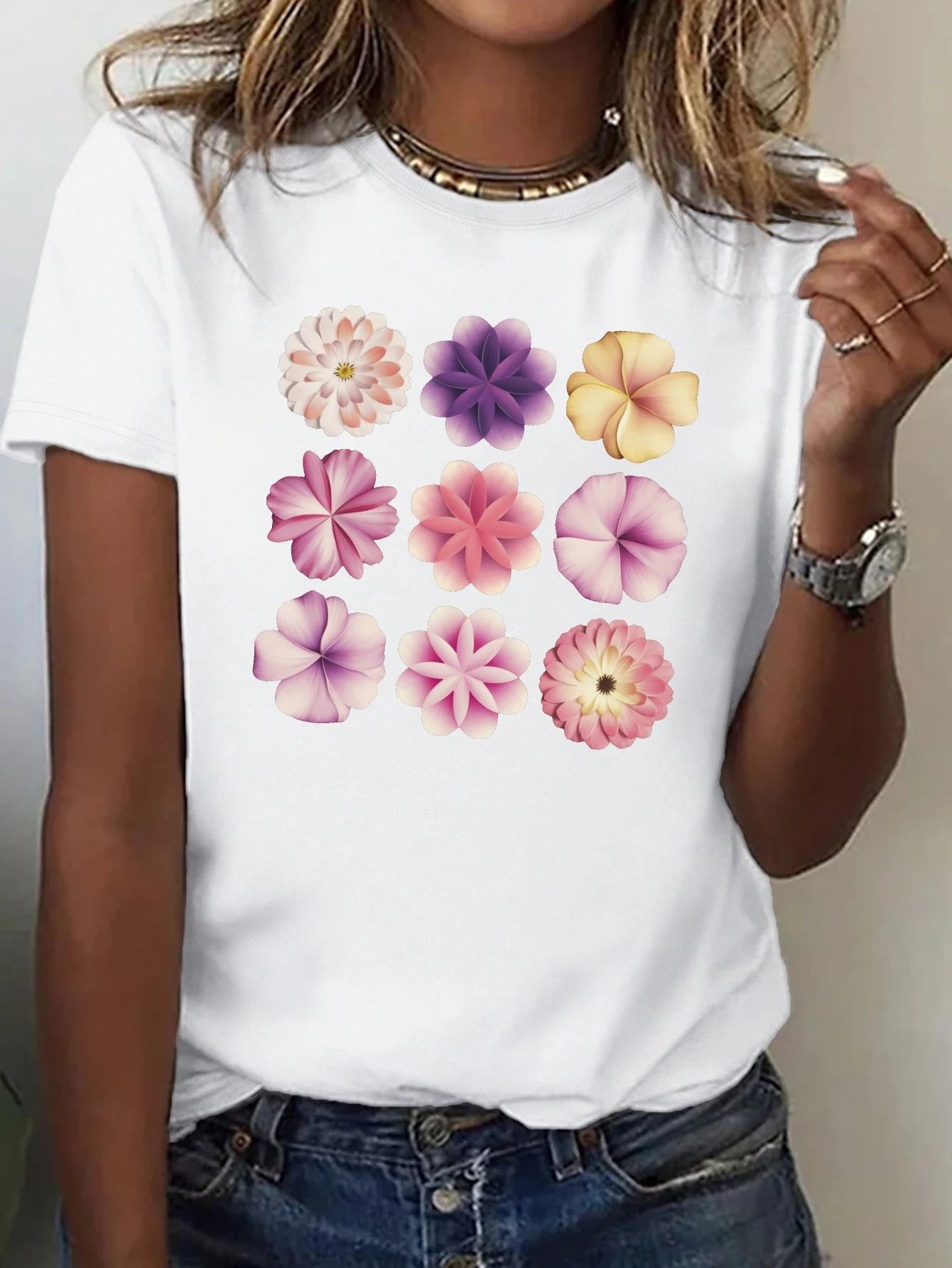 

Women's Casual Short Sleeve T-Shirt Nine Creative Flowers Graphic Print Round Neck Summer Top Casual Women Comfortable Clothing
