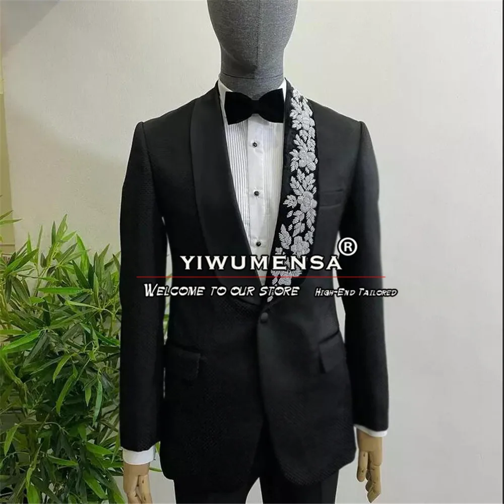 Classic Groom Wedding Suits Slim Fit Handmade Beaded Lapel Jacket Pants 2 Pieces Male Fashion Boyfriend Tuxedos Traje Hombre