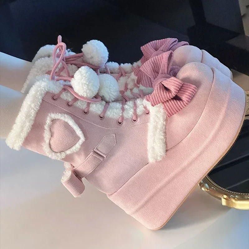 

Sweet Winter Girls Lolita Mid-Calf Snow Boots,Cute Female Students Plush Warm Bowknots Lace Up Wedge Heel Heightening Shoes