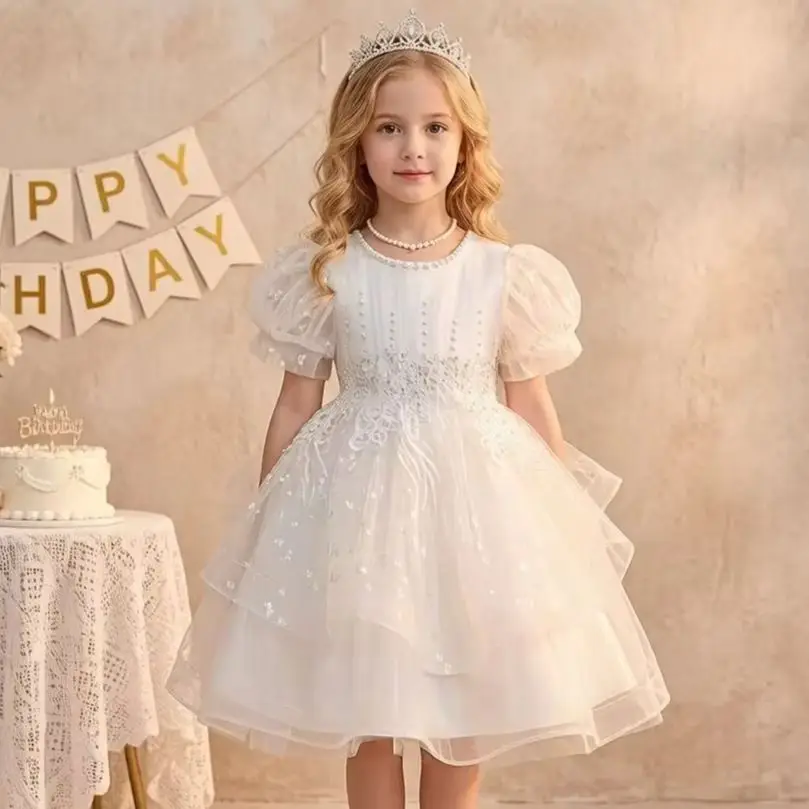 Summer New Girls' Bow Bead Embroidered Fluffy Skirt Baby Girl's Birthday Mesh Dress Elegant Baptism First Communion 3 to 12 year