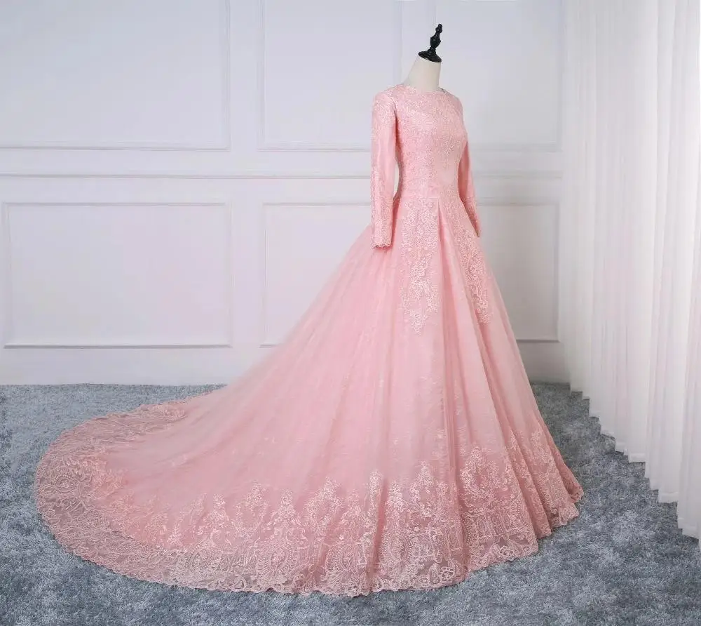 Auf Zhu Rosa Spitze Muslimischen Hochzeit Kleid Ballkleid Langarm Prinzessin Hochzeit Kleider Für Frauen 2023 Braut Vestidos De noiva