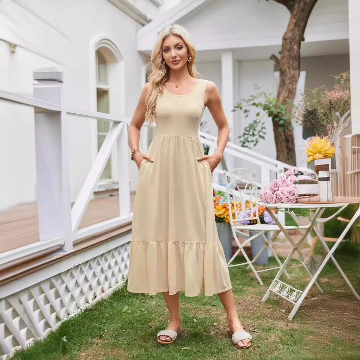 2025 Dresses For Women Summer Casual Summer Beach Party Pleated Maxi Dress Women'S Square Neck Pleated Swing Dress With Pockets